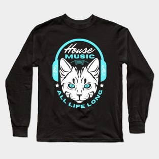 HOUSE MUSIC  - Headphone Cat (Blue) Long Sleeve T-Shirt